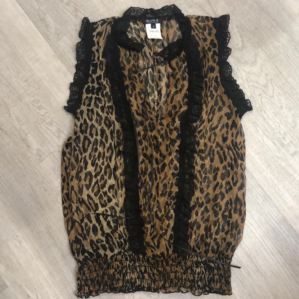 100% SILK Leopard print blouse Medium scrunch bottom lace trim by Allen …